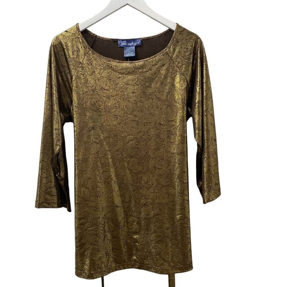 SUSAN GRAVER Womens Top Medium Gold Metallic Stretch Tunic 3/4 Sleeve w/ Belt - Picture 2 of 10